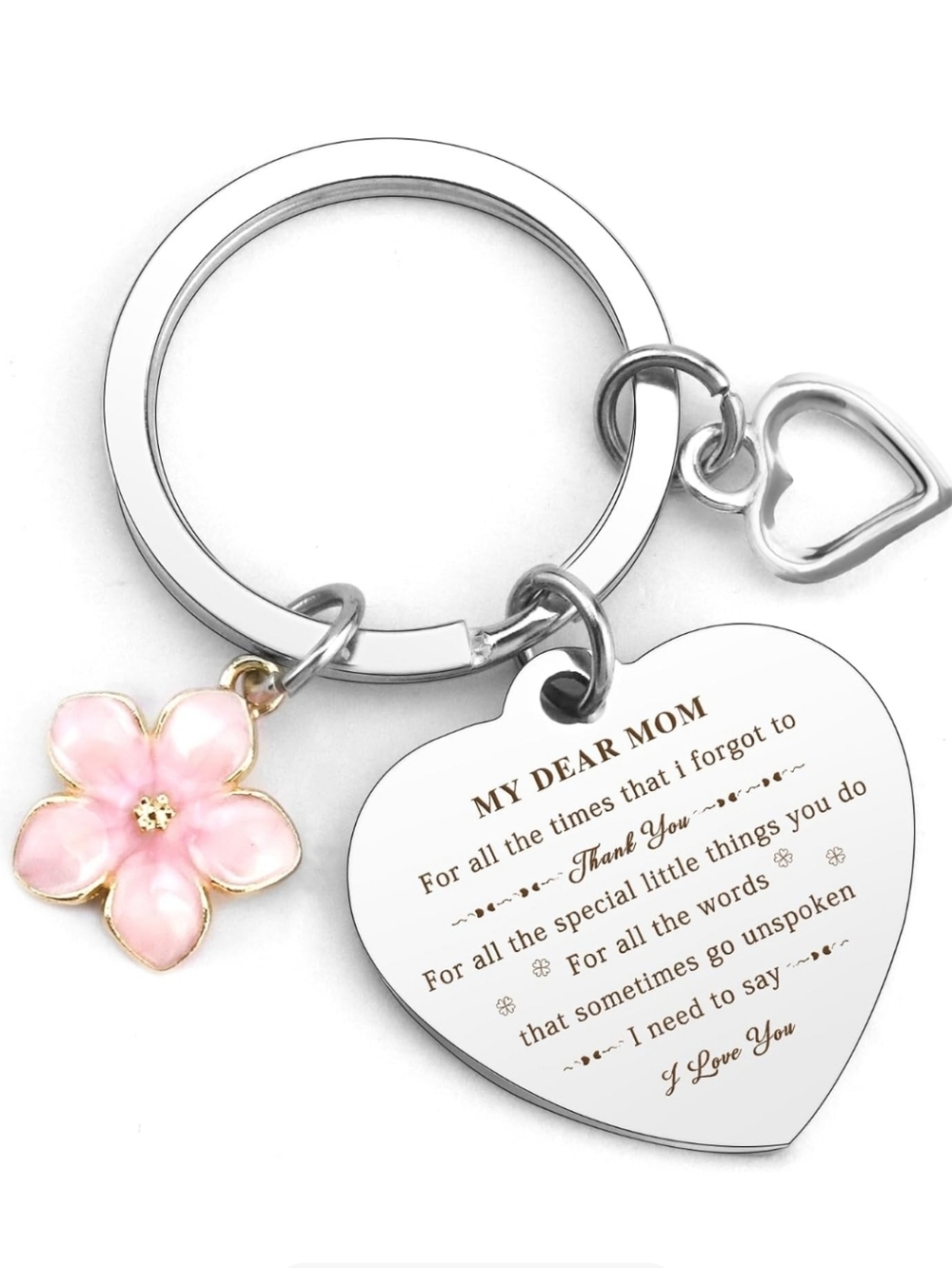 Mother's Day Heart Keychain with Pink Flower Charm